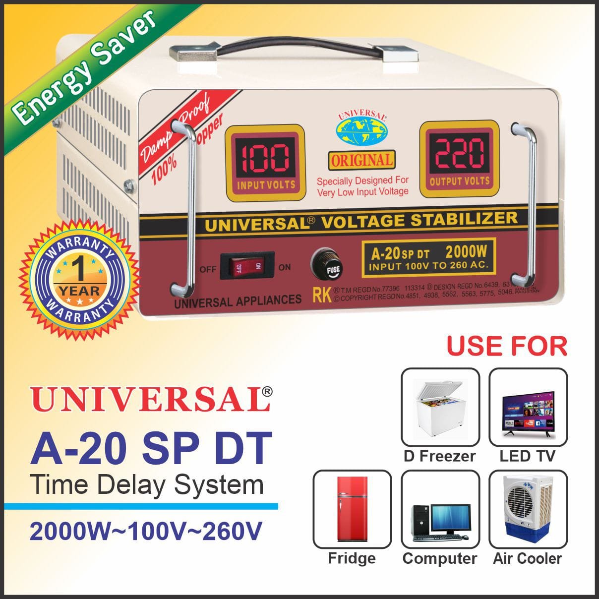 UNIVERSAL Voltage Stabilizer for Refrigerator, A20SP DT 2000watts 100V-265V - Image 2