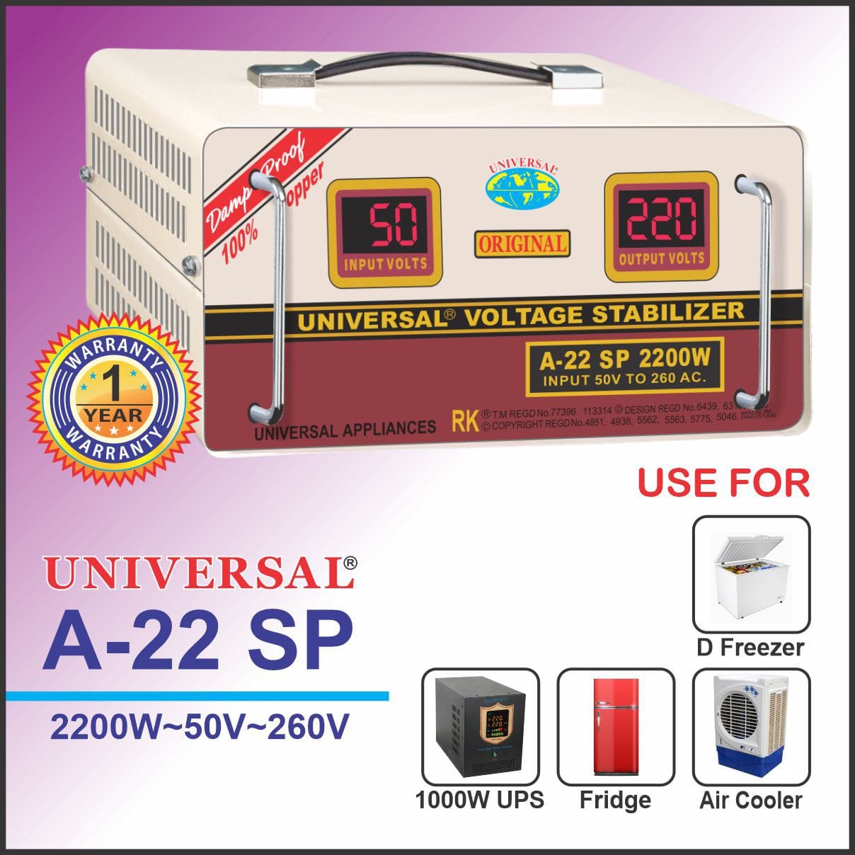 UNIVERSAL Voltage Stabilizer for Refrigerator, A22SP 2200W 50V-250V - Image 2