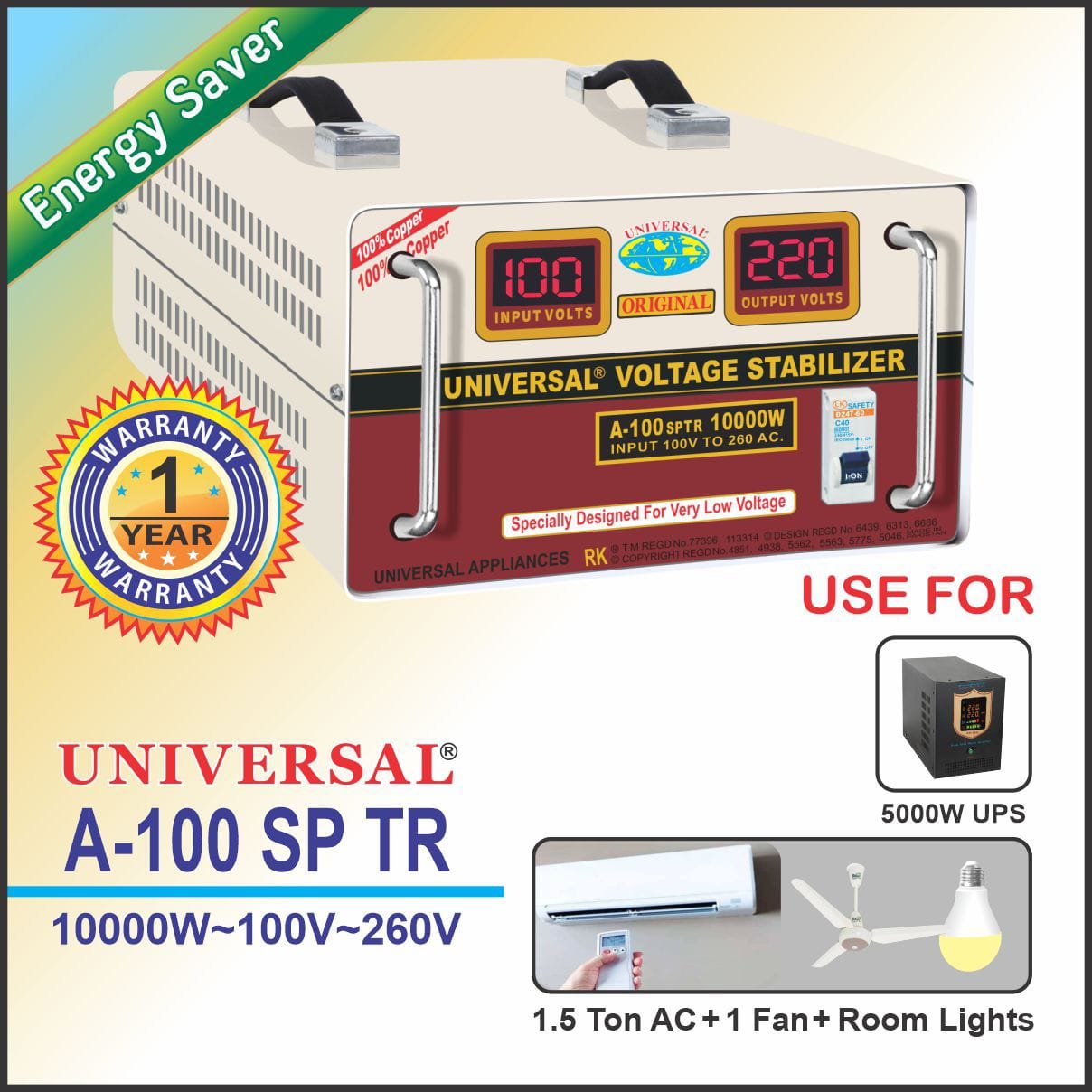 UNIVERSAL Voltage Stabilizer for AC/Mainline A100SP 10000WATTS 100V-270 - Image 2