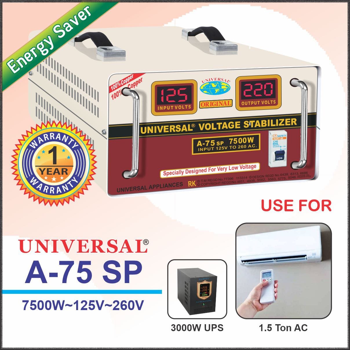 UNIVERSAL Voltage Stabilizer for 1.5 ton AC A75SP 7500W 125V-250 - Image 2