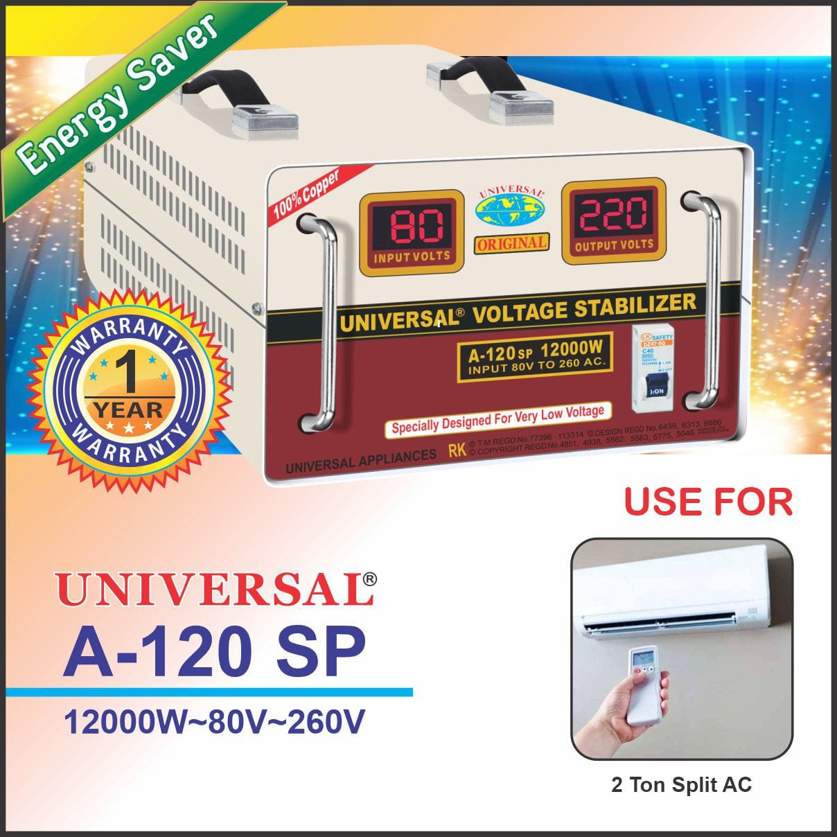 UNIVERSAL Voltage Stabilizer for Mainline/AC, A120SP 12000WATTS 80V-260 - Image 2