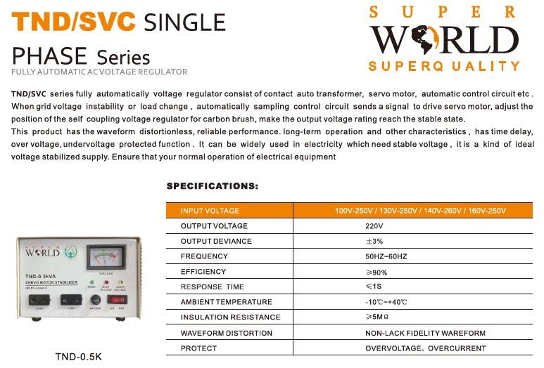 Super World Servo Stabilizer TND-0.5kva 500VA 140V-250V - Image 3